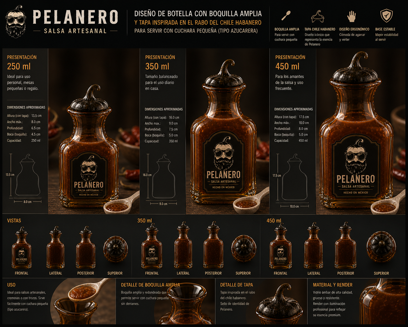 Pelanero — Tres presentaciones artesanales: 250ml, 350ml y 450ml en vidrio ámbar de alta calidad